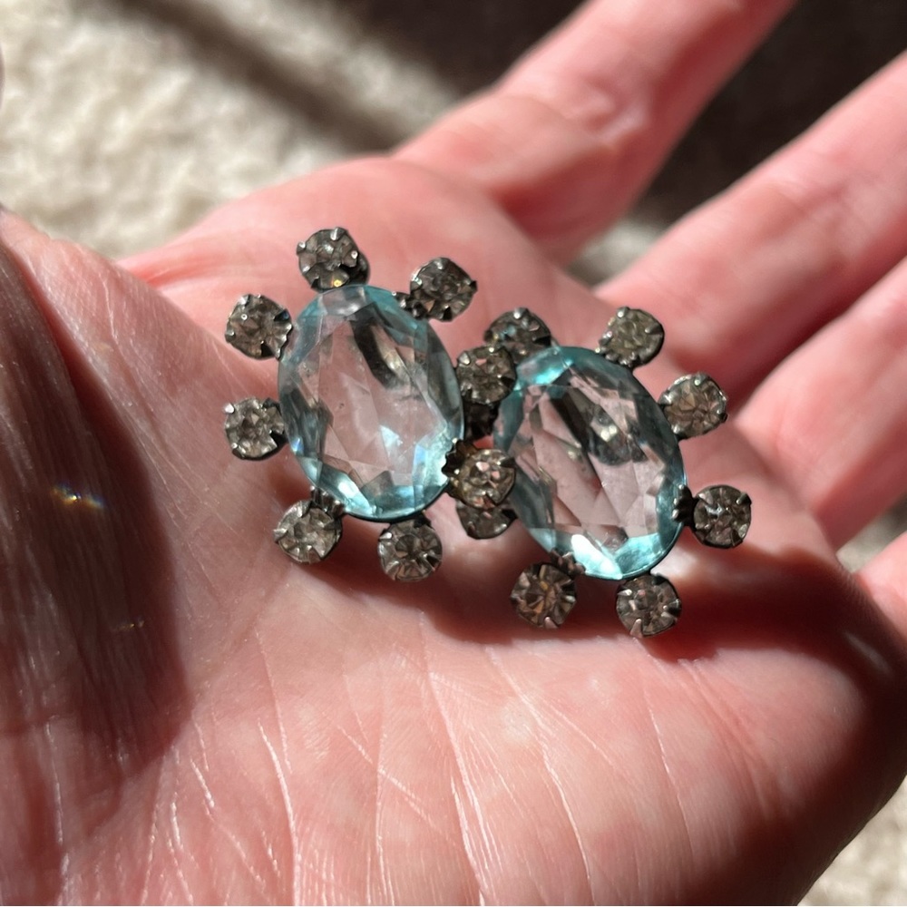 Antique Art deco Sterling Silver oversized pale blue quartz Screw back earrings - Picture 15 of 15